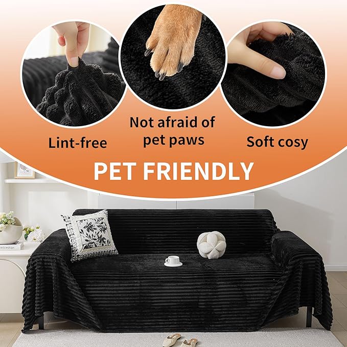 HAOMAIJIA Faux Fur Sofa Covers Couch Covers for 3 Cushion Couch Sofa Pet Friendly Soft Non Slip Couch Cover for Dogs Washable Sectional Couch Covers L Shape Furniture Protector (Black, 71"x134")