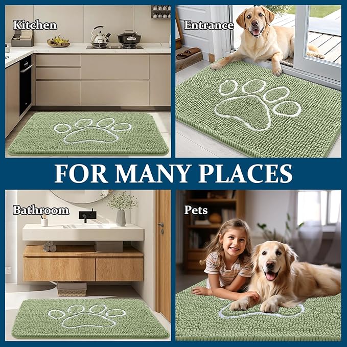 OLANLY Door Mat for Muddy Dog Paws 40x32, Ultra Absorbent Chenille Mud Doormat with Paw Print Design, Non-Slip Washable Doormat for Indoor Entryway, Quick-Dry Pet Bed Mats for Dirty Dogs, Sage Green