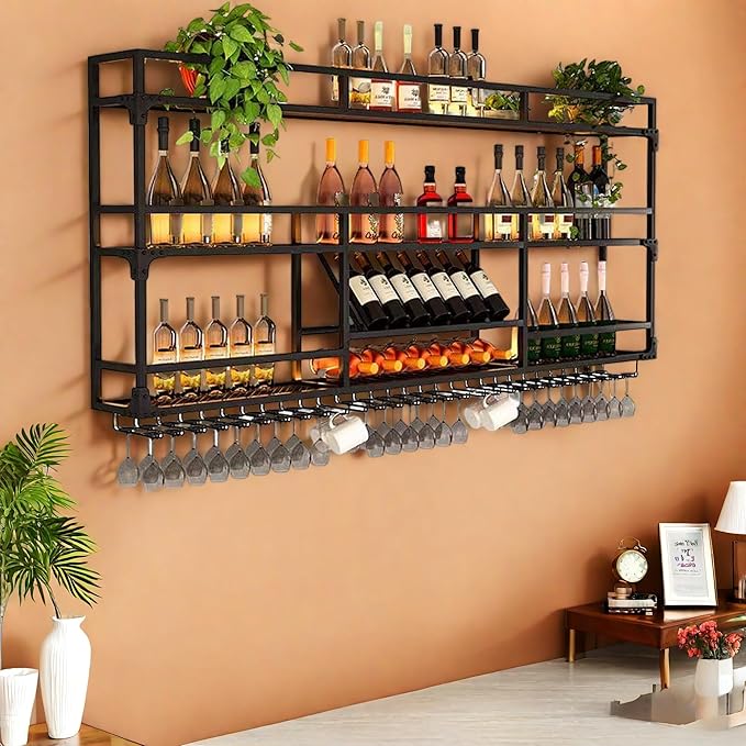 Metal Wall-Mounted Wine Rack with LED Light - 3 Tier Wine Storage Display Rack with Glass Holder - Space-Saving Bottle Display Shelf for Home Bars, Dining Rooms(Black, 47in/120cm)