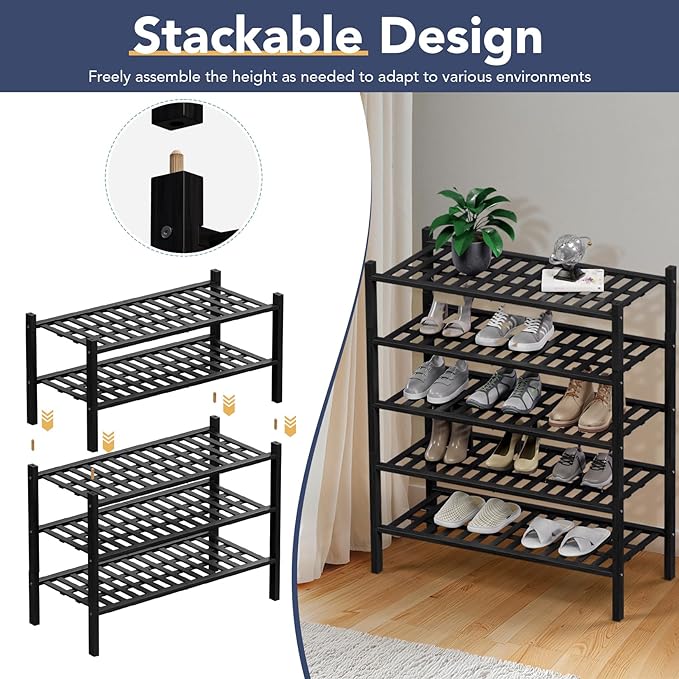Haddockway 4 Tier Bamboo Shoe Rack Storage Organizer, Multifunctional Free Standing Stackable Shoe Shelf with Grid Panel for Closet,Hallway,Entryway,Small Space 27"x11"x26" (Black, 4 Tier)