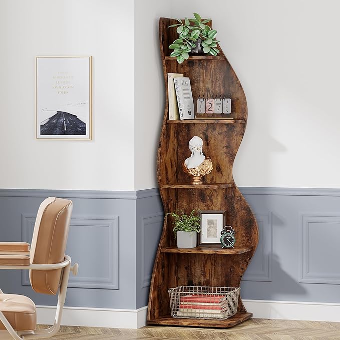 Tribesigns Corner Shelf, Rustic 5-Tier Wall Corner Bookshelf, Stylish Corner Small Bookcase Storage Rack Plant Stand with Unique Shape for Living Room, Home Office (2PCS, Brown)