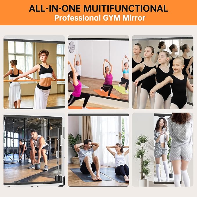 Hasipu 2 Pcs 94''x39'' Home Gym Mirror Large Full Length Wall Mounted Full Body Mirror for Yoga Dance Fitness Exercise Studio Bedroom Garage, Frameless Tempered Glass Workout Mirrors Black Rectangular