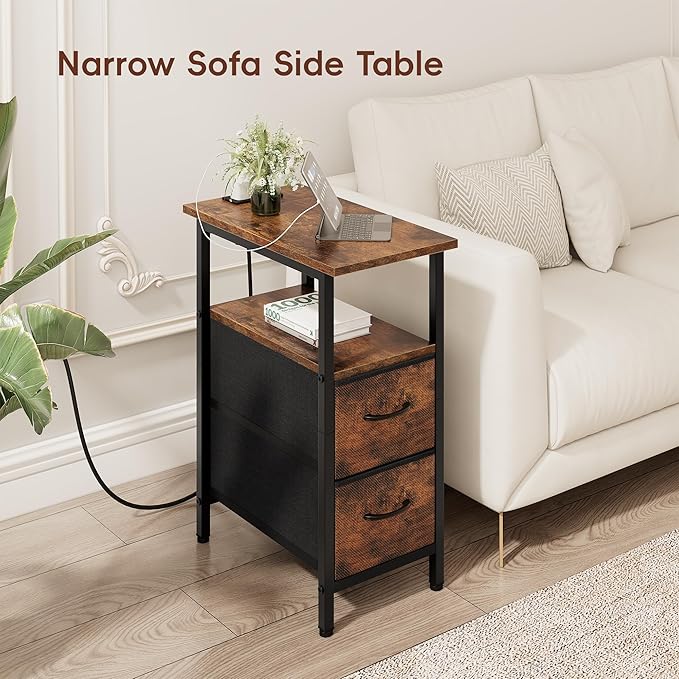 Vagusicc End Table with Charging Station Set of 2, Narrow Side Table, 23.8'' Tall Nightstand with 2 Drawers, Small Sofa Side Table Narrow Nightstand for Small Spaces Living Room, Bedroom, Rustic Brown