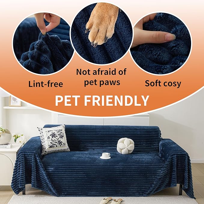 HAOMAIJIA Faux Fur Sofa Covers Couch Covers for 3 Cushion Couch Sofa Pet Friendly Soft Non Slip Couch Cover for Dogs Washable Sectional Couch Covers L Shape Furniture Protector (Navy Blue, 91"x150")