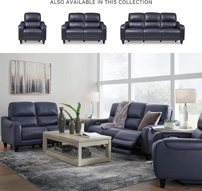 Signature Design by Ashley Mercomatic Contemporary Leather Match Wall Hugger Power Reclining Sofa with Adjustable Headrest and USB Ports, Blue
