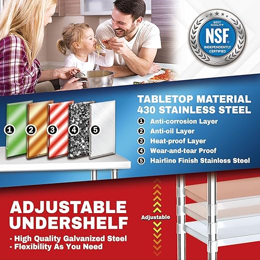 DuraSteel Food Prep Stainless Steel Table - 30 x 36 Inch Commercial Metal Workbench with Adjustable Under Shelf - NSF Certified - for Restaurant, Warehouse, Home, Kitchen, Garage