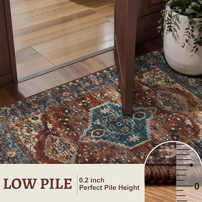 Tangsoo 2x6 Washable Runner Rug for Hallways, Non Slip Vintage Runner Rug, Soft Low Pile Long Rug Runner, Print Distressed Carpet Runners for Kitchen Bedroom Entryway Bathroom Living Room Rust