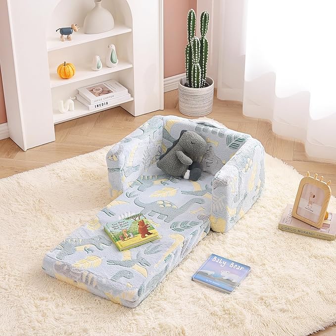 Tiita Kids Sofa, 2-in-1 Kid Sofa, Convertible Children Couch to Lounger, Flip Out Kids Chair, Glow in The Dark Toddler Armrest Chair Bed for Girl or Boy (Grey Dinosaur)