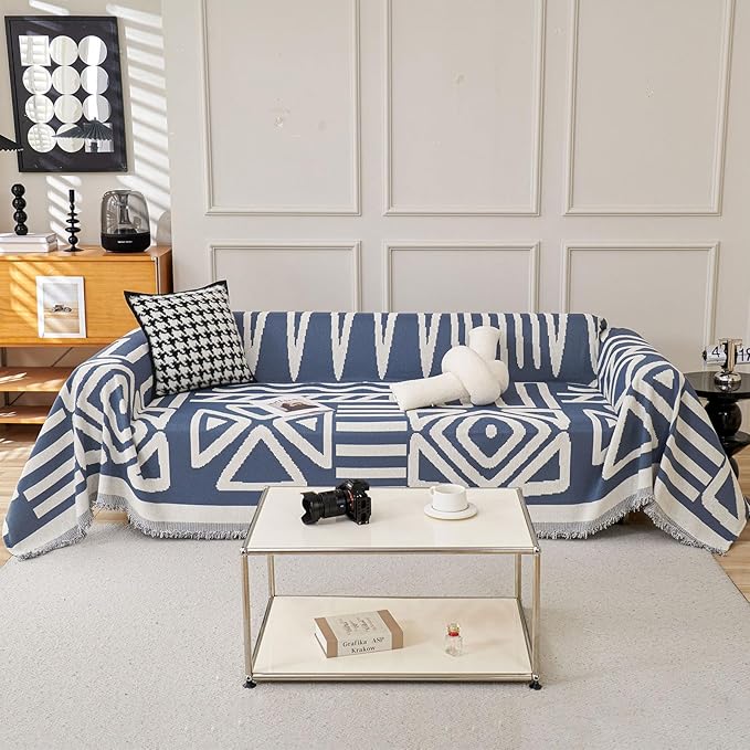 STACYPIK Boho Chenille Blue Sofa Cover L Shaped Couch Cover Reversible Couch Cover for 3 Cushion Couch Non-Silp Furniture Cover for Dogs Cats Sectional Sofa Cover for Loveseat Futon Cover-91X150IN