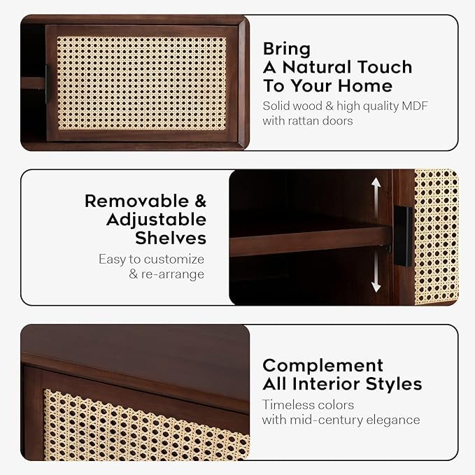 Bme Jasper Deluxe TV Console Table, Pre-Assembled Entertainment Center for up to 70 inch TV, 10 Minutes Assembly Solid Wood TV Table, Mid Century Console Stand - Walnut