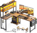 AODK L Shaped Desk Gaming Desk with LED Light & Power Outlet, 53 Inch Reversible L Shaped Computer Table with Shelf & Storage Bag & Hook for Home Office, Vintage