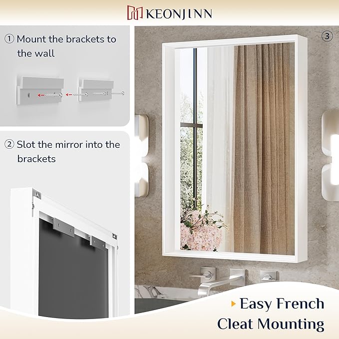 Keonjinn 60 x 36 Inch White Bathroom Mirrors Metal Framed Large Bathroom Mirror for Over Sink Metal Framed Rectangle Wall Mirror Modern Square Corner Matte White Rectangle Mirror(Horizontal/Vertical)