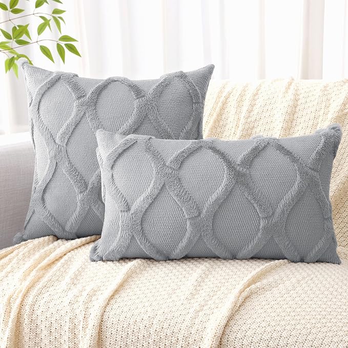 decorUhome Throw Pillow Covers 18x18 Inch Set of 2, Soft Plush Faux Fur Wool Grey Couch Pillow Covers, Decorative Neutral Pillow Cases for Bed Sofa Living Room Home Decor