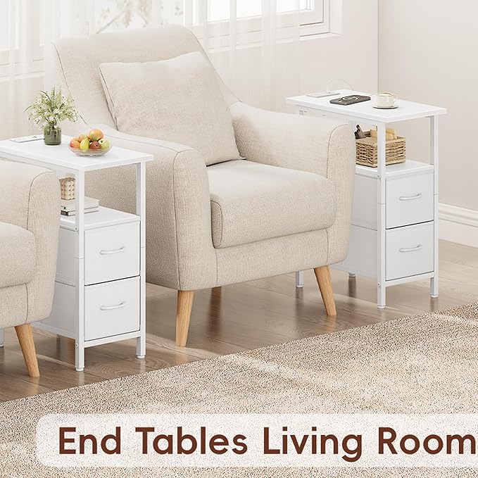 Vagusicc White End Table with Charging Station, Narrow Side Table, 23.8'' Tall Nightstand with 2 Fabric Drawers, Small Sofa Side Table Narrow Nightstand for Small Spaces, Living Room, Bedroom, White