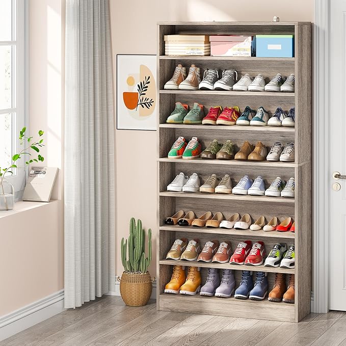Tribesigns Tall Shoe Cabinet, 9 Tiers 40-45 Pairs Heavy Duty Wood Freestanding Shoe Storage Cabinet, 70.8'' Tall Shoe Cabinet with Open Storage for Entryway (Beige Gray)