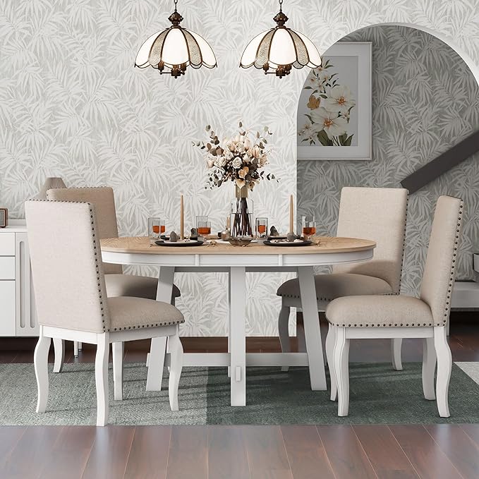 Ball & Cast 5 Piece Dining Table Set with 4 Upholstered Curved Legs Chairs,Living Room Furniture W/ 43" Round Extendable Desk,for Restaurant,Home Bistro,Oak Natural Wood + Antique White