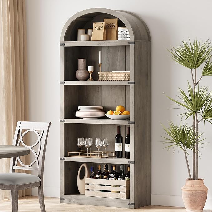 GarveeHome Bookcase 5 Shelf Arched Bookshelf 71.65in Tall Bookcase Farmhouse Display Storage Rack Wooden Bookshelves for Home Office, Living Room (Rustic Gray)