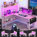 Aheaplus L Shaped Desk Gaming Desk, 59" L Shaped Computer Desk with LED Light & Power Outlet, Reversible Home Office Desk Gamer Desks with Shelves & Storage Bag & Hooks, Corner PC Desk, Pink