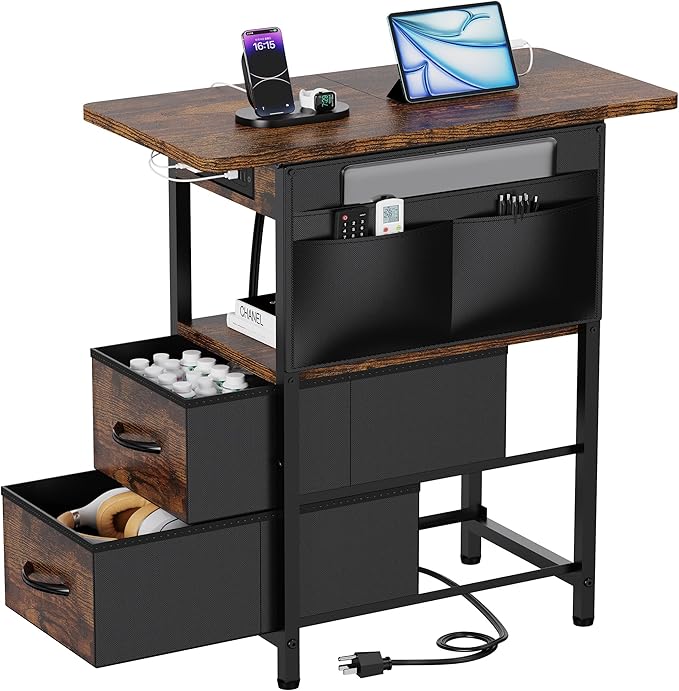 Small Side Table with Charging Station, Narrow Nightstand Bedside Tables with Storage Pocket for Living Room Bedroom, Sofa End Table with USB Ports and Power Outlets for Small Spaces