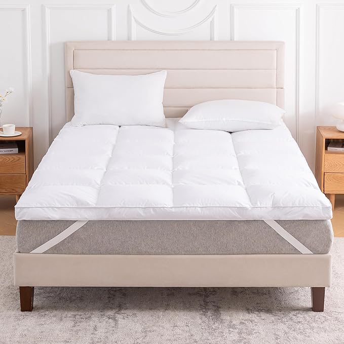 3 Inch White Goose Feather Mattress Topper,Full Feather Bed Topper,Mattress Cover with Straps,Ultra Soft Pillowtop,100% Organic Cotton Fabric(54”x75”)