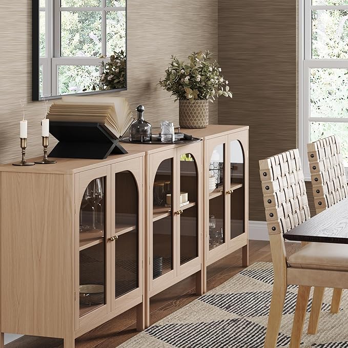Nathan James Mason Modern Farmhouse TV Stand, Free Standing Accent Sideboard Buffet, Cabinet with Glass Doors and Adjustable Shelf, Clear Glass/Raw Oak Set of 3