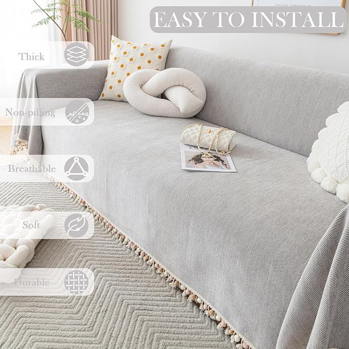 HANDONTIME Grey Sofa Cover for Couch Boho Couch Cover for 3 Seat Dog Couch Cover Love Seat Couch Covers Light Grey Sofa Sectional Cover 71" X118" Tassel Chenille Herringbone Sofa Covers Washable