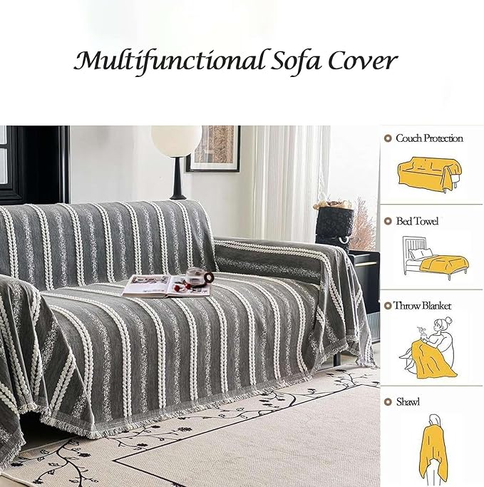 Couch Cover for Dogs Washable Sofa Cover, Sectional Couch Covers, Sofa Covers for 2 Cushion Couch, Non Slip Stripe Sofa Slipcovers Furniture Protector, Couch Protector from Cat Claws, Grey,71''x150''