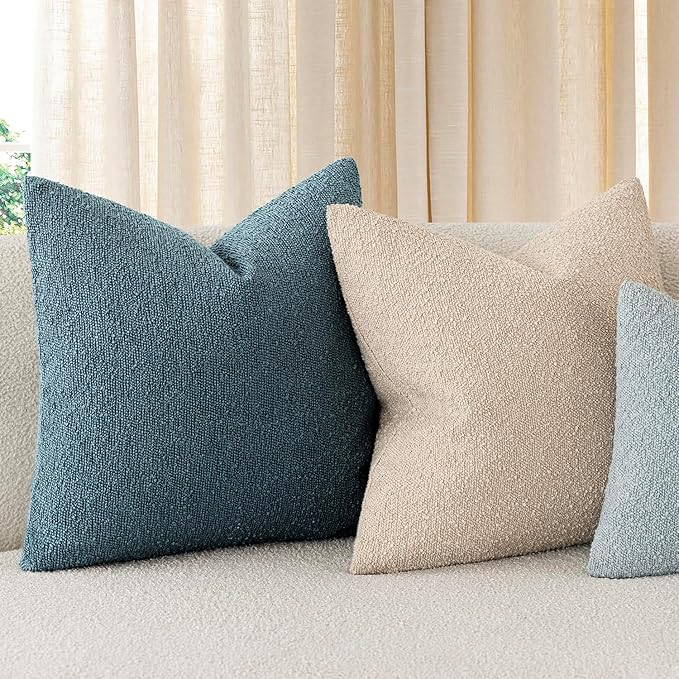 Foindtower Pack of 2 Textured Boucle Throw Pillow Covers Accent Solid Pillow Cases Cozy Soft Decorative Couch Cushion Case for Chair Sofa Bedroom Living Room Home Decor 18x18 Inch Misty Blue