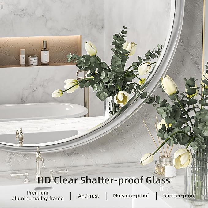 Hasipu Round Silver Mirror 38 Inch Large Round Bathroom Mirror Metal Frame, Wall Mounted Circle Vanity Mirror Modern Decor (Horizontal/Vertical)