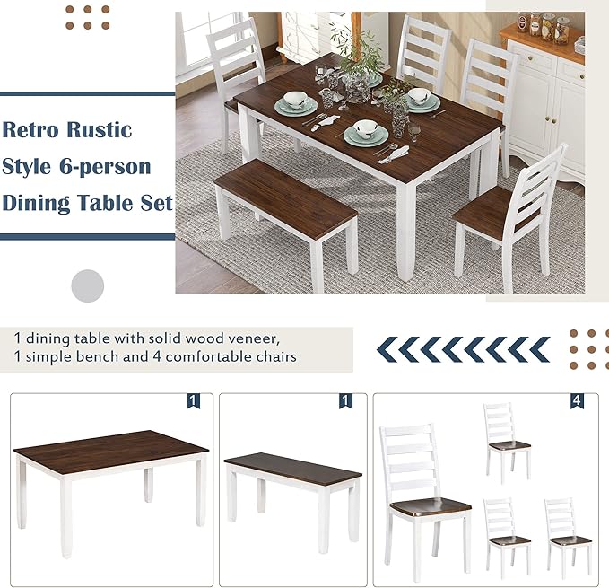 Merax 6-Piece Wooden Rectangular Dining Table Set with 4 Rubber Wood Chairs and 1 Bench