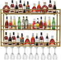Metal Wine Rack Wall Mounted, Bar Shelves for Liquor Bottles with LED Light, 3 Tier Large Capacity Liquor Rack Wall Mounted with Glass Holder for Home Bar & Dining Room （Gold, 79in/200cm）
