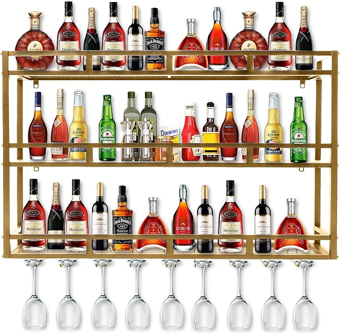 Metal Wine Rack Wall Mounted, Bar Shelves for Liquor Bottles with LED Light, 3 Tier Large Capacity Liquor Rack Wall Mounted with Glass Holder for Home Bar & Dining Room （Gold, 39in/100cm）