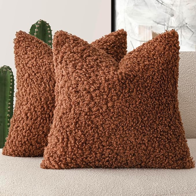 Foindtower 2 Pieces 22x22 Inch Hazel Brown,Faux Fur Throw Pillow Cover Accent Sherpa Furry Pillow Covers Fuzzy Soft Pillowcases Cozy Sheepskin Decorative Fleece Cushion Case for Bed Couch Living Room