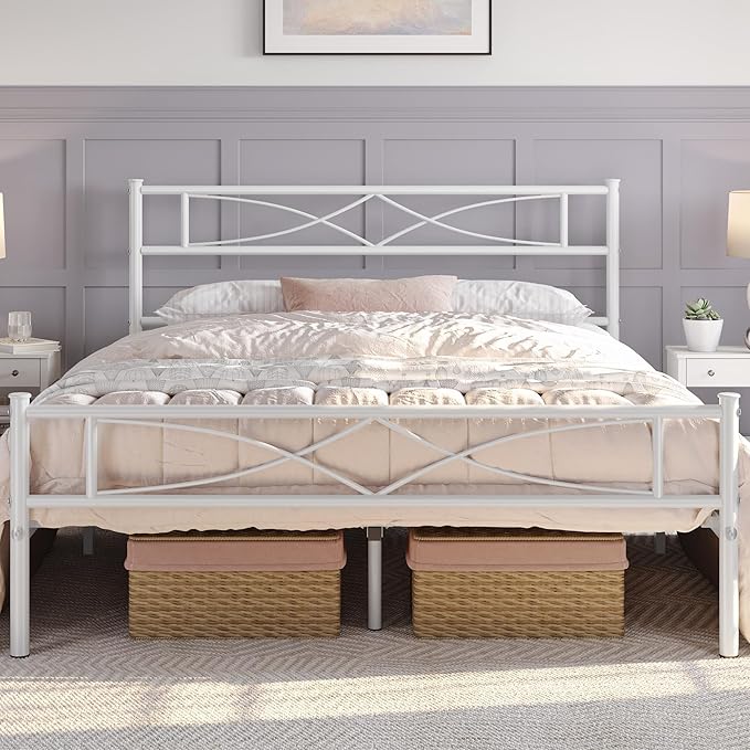 Yaheetech Metal Full Size Bed Frame, Platform Bed Frame, Mattress Foundation with Curved Design Headboard & Footboard, NO Box Spring Needed, Heavy-Duty Support, Easy Assembly, Full, White