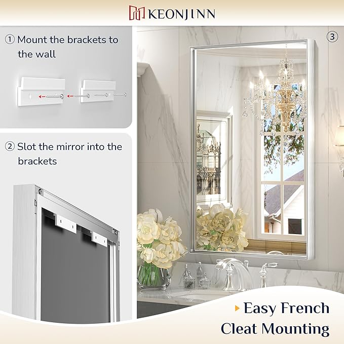 Keonjinn 48 x 24 in Brushed Silver Bathroom Vanity Mirror Rectangular Metal Framed Mirror for Wall Modern Farmhouse Rectangle Mirror Decorative Silver Mirror for Bathroom Sink(Horizontal/Vertical)