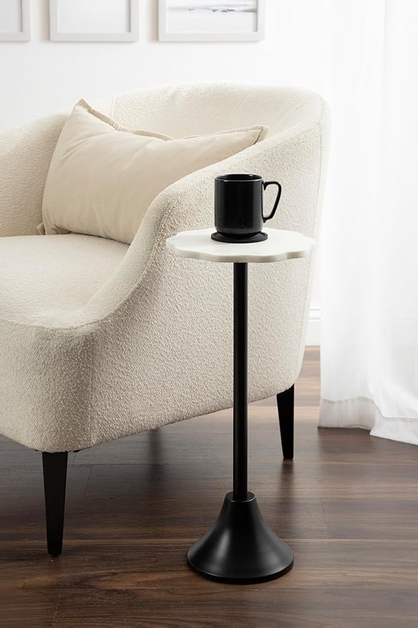 Kate and Laurel Sanzo Modern Pedestal Drink Table, 10 x 10 x 23, White Marble and Black, Decorative End Table with Scalloped Marble Tabletop for Use as Small Plant Stand or Cute Martini Table