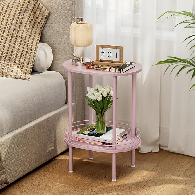 Small Round Side Table,Bedside Table with Storage, Morden Round Nightstand, Samll Side Table for Living Room，Bathroom，Bedroom, Nursery, Laundry, Pink