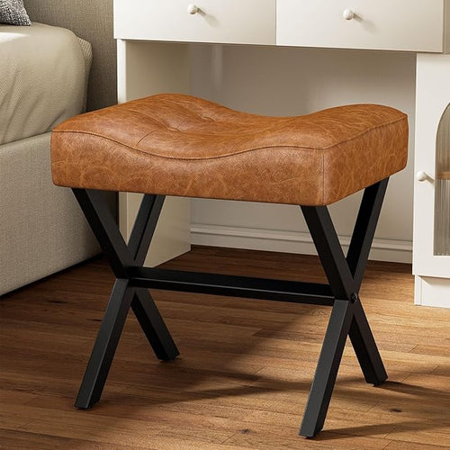 18-Inch Large Leather Vanity Stool, Vanity Chair with Metal X-Leg, Ottoman Foot Stool with Thick Padded Saddle Seat, Brown