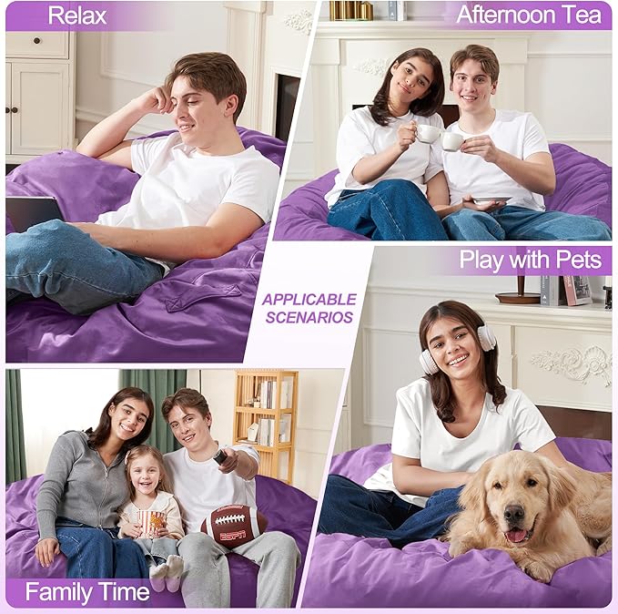 Homguava 6 FT Bean Bag Chair: 6' Bean Bags with Memory Foam Filled, Large Beanbag Chairs Soft Sofa with Dutch Velvet Cover-Purple