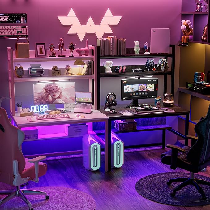 Aquzee Pink Desk with Hutch for Girls, 47in Computer Desk with Bookshelf for Teens Adults, Craft Table for Bedroom Kids Room, White Pink Study Table with Shelves for Storage