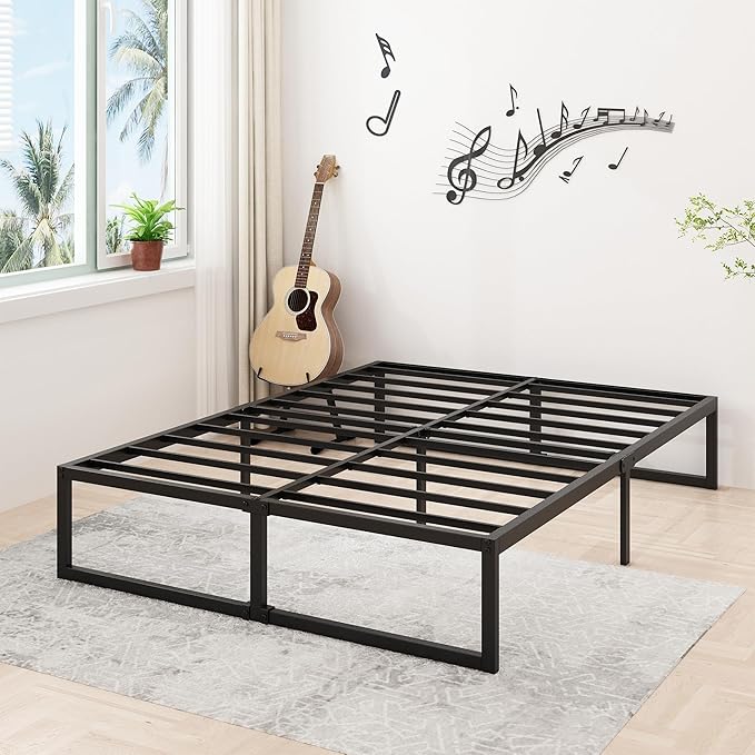 16 Inch King Size Bed Frame Sturdy Mattress Foundation, Heavy Duty Metal Platform with Steel Slats Support No Box Spring Needed, Noise Free, Easy Assembly, Black
