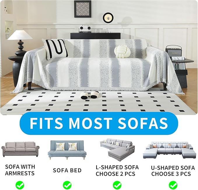 LUFEIJIASHI Boho Couch Covers for Sofa Non Slip Sofa Covers Washable Couch Covers for 3 Cushion Couch Sofa Pet Friendly Sectional Couch Cover Blanket Furniture Protector for Dogs (Grey, 91"x134")