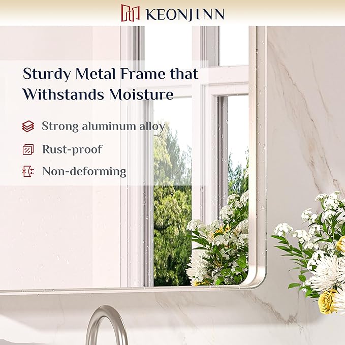 Keonjinn Brushed Nickel Mirror 48” x 24” Silver Bathroom Mirror for Over Sink, Rounded Rectangle Farmhouse Vanity Mirror, HD Tempered Glass, Metal Framed Full Length Wall Mirror(Horizontal/Vertical)