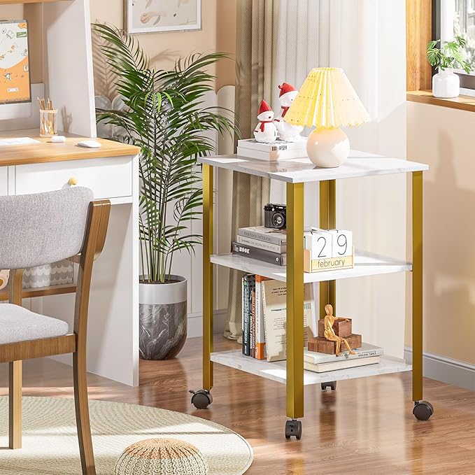 Side Table, End Table with Wheels, Printer Stand with 3-Tier Storage, Bedside Table,Telephone Table,Square Small Side Table for Living Room, Bedroom, Office, Kitchen, Metal Frame, Easy Assembly -White