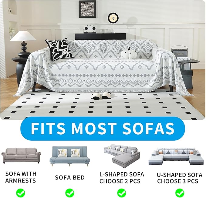 LUFEIJIASHI Boho Couch Covers for Sofa Non Slip Sofa Covers Washable Couch Covers for 3 Cushion Couch Sofa Pet Friendly Sectional Couch Cover Blanket Furniture Protector for Dogs (Grey, 91"x118")