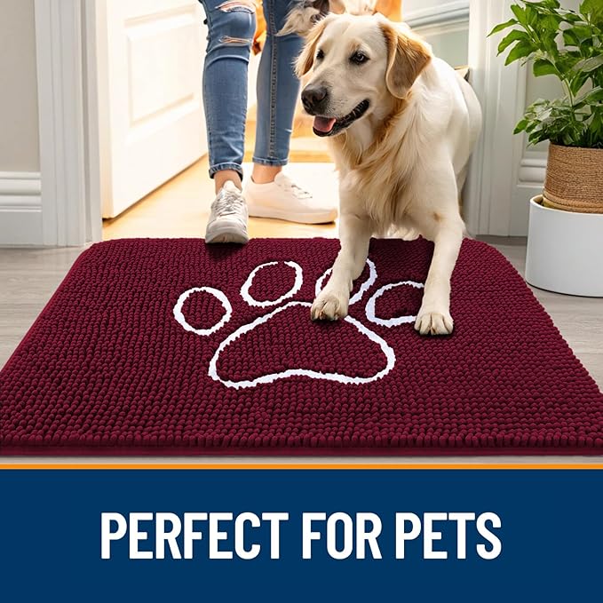 OLANLY Door Mat for Muddy Dog Paws 70x46, Ultra Absorbent Chenille Mud Doormat with Paw Print Design, Non-Slip Washable Doormat for Indoor Entryway, Quick-Dry Pet Bed Mats for Dirty Dogs, Burgundy