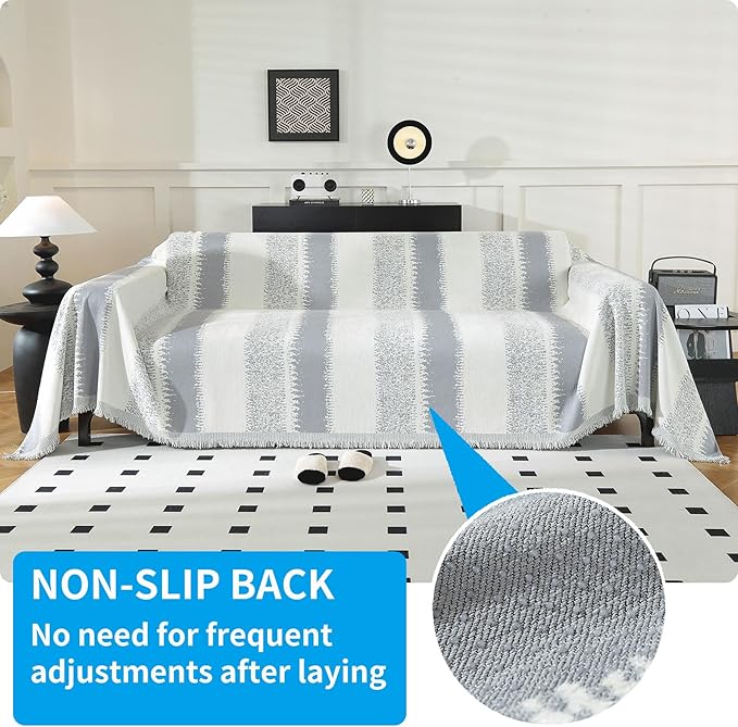 LUFEIJIASHI Boho Couch Covers for Sofa Non Slip Sofa Covers Washable Couch Covers for 3 Cushion Couch Sofa Pet Friendly Sectional Couch Cover Blanket Furniture Protector for Dogs (Grey, 91"x118")