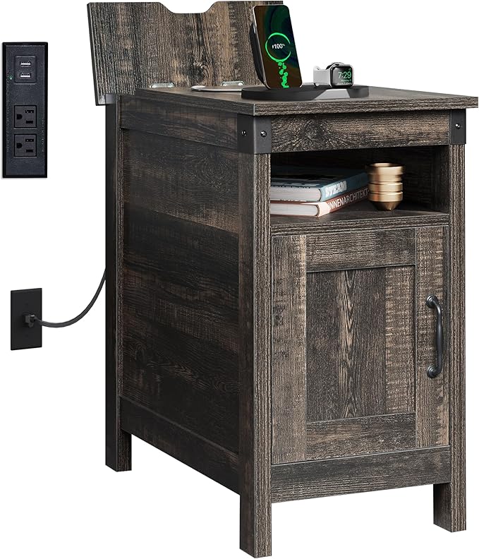 WLIVE End Table with Charging Station, Side Table with USB Ports and Outlets, Narrow Side Table for Small Spaces, Living Room, Couch, Nightstand with Storage, Brown