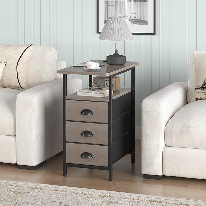 End Table with Charging Station, Side Tables Livingroom with USB Ports and Outlets,Narrow Nightstands Bedside Tables with 3 Drawers for Small Space,Slim Sofa Table Bedroom,Grey