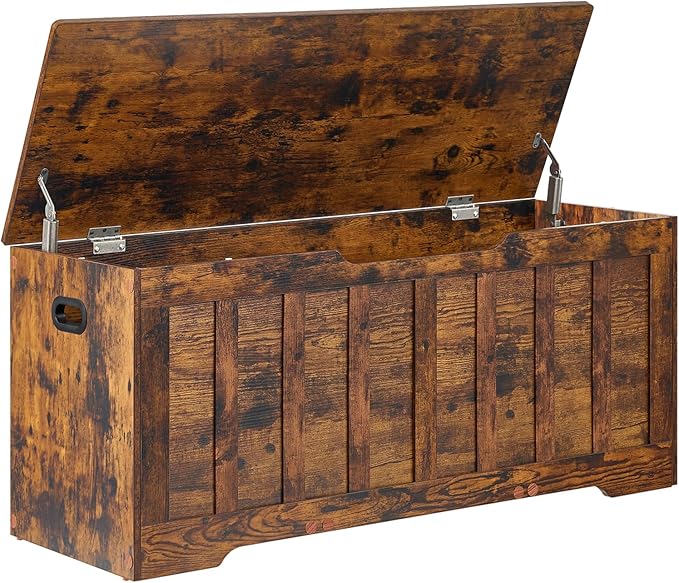 43.3"Storage chest extra large,storage trunk with 2 safety Hinges,Wooden storage Bench,Shoe Bench,43.3x15.7x19.1 Inch,Easy Assembly,storage bench for bedroom,living room,entryway,Rustic Brown